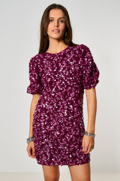 Purple dress with puff sleeves and sequins | My Jewellery