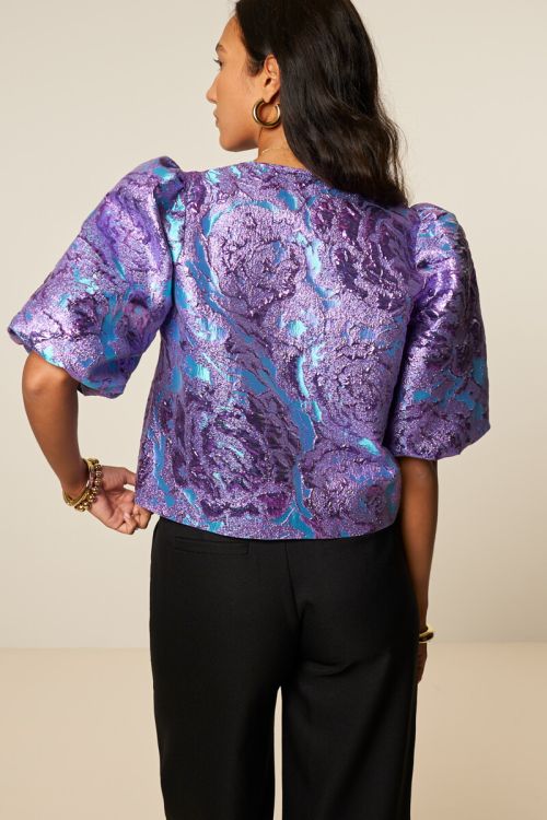 Purple jacquard top with short puff sleeves | My Jewellery