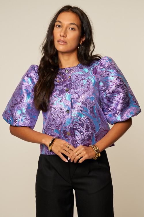 Purple jacquard top with short puff sleeves | My Jewellery