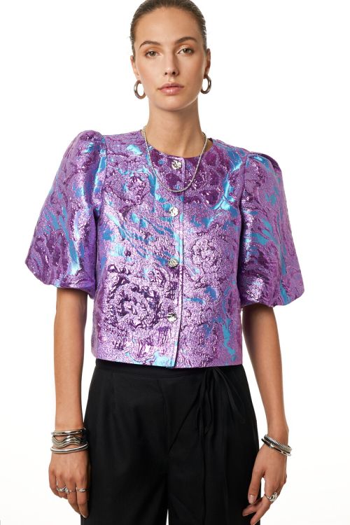 Purple jacquard top with short puff sleeves | My Jewellery