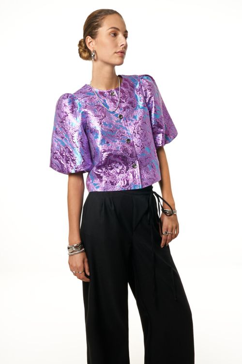 Purple jacquard top with short puff sleeves | My Jewellery