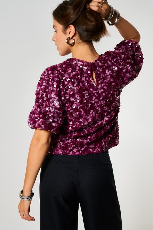 Purple top with puff sleeves and sequins | My Jewellery