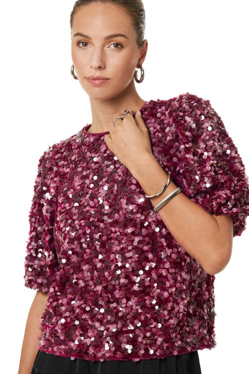 Purple top with puff sleeves and sequins | My Jewellery