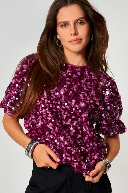 Purple top with puff sleeves and sequins | My Jewellery