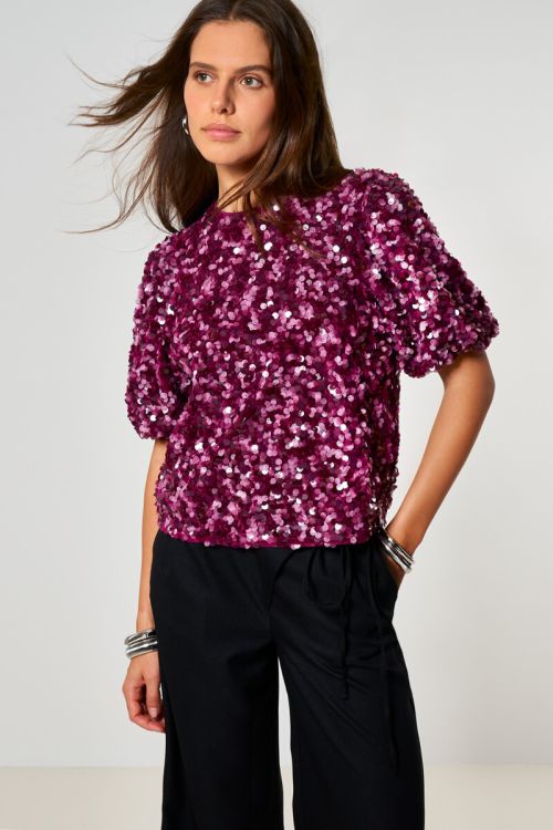 Purple top with puff sleeves and sequins | My Jewellery