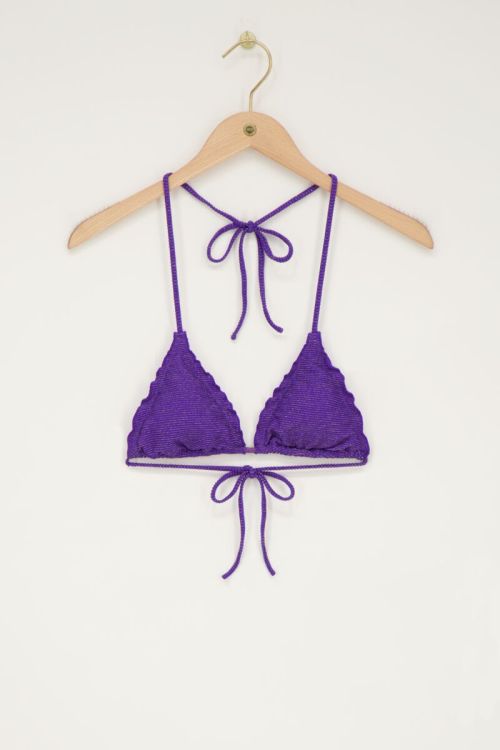 Purple triangle bikini top with ruffles and lurex