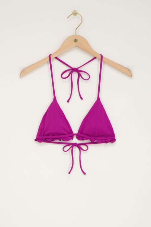 Purple triangle bikini top with ruffles and texture