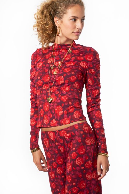 Purple turtleneck sweater with rose print | My Jewellery