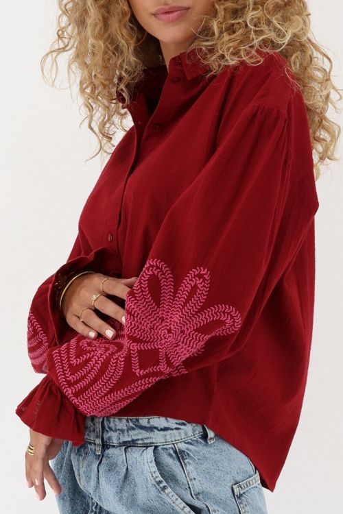Red blouse with pink embroidery details | My Jewellery