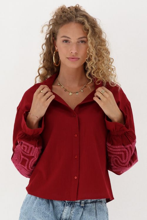 Red blouse with pink embroidery details | My Jewellery