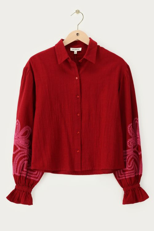 Red blouse with pink embroidery details  | My Jewellery