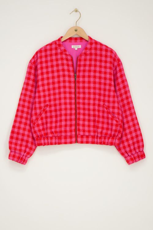 Red & pink plaid oversized bomber jacket