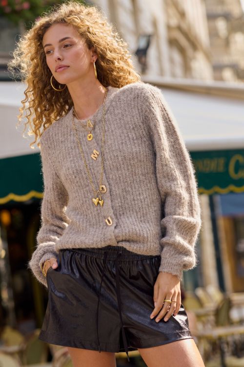 Grey knit cardigan with l'amour buttons | My Jewellery
