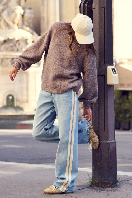 Lichtblauwe wide leg jeans met tapes