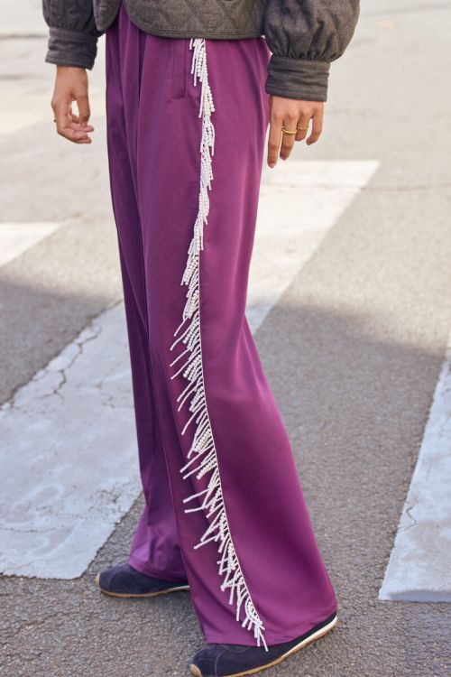 Purple wide leg trousers with faux pearls | My Jewellery