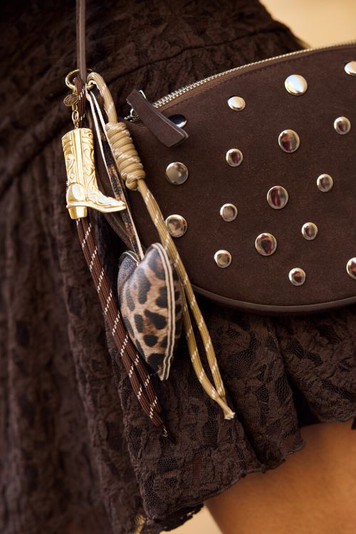 Brown bag charm with leopard print heart