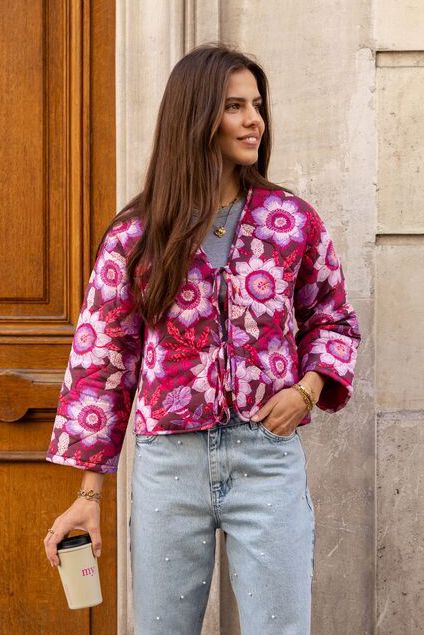 Brown padded jacket with bows and pink floral print | My Jewellery
