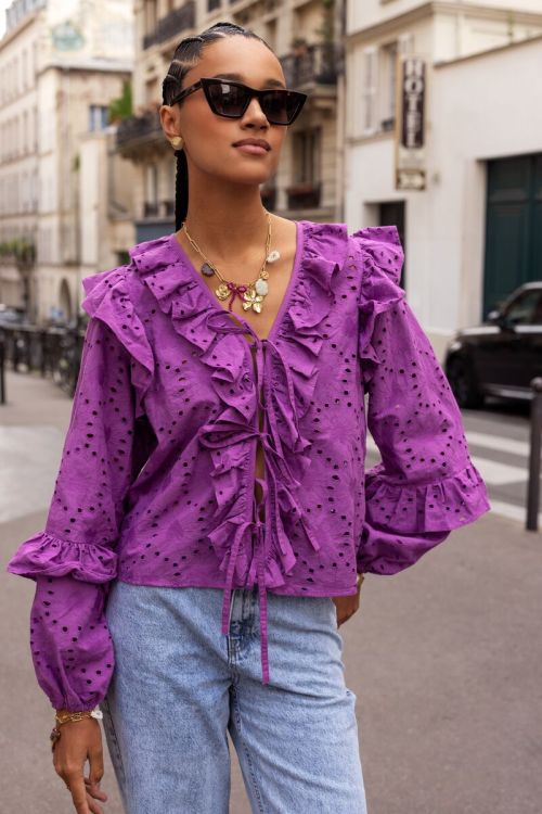 Purple blouse with all-over embroidery and bows | My Jewellery