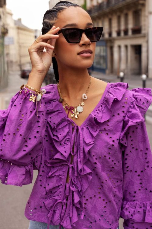 Purple blouse with all-over embroidery and bows | My Jewellery
