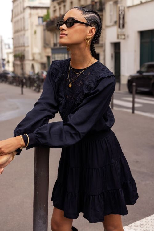 Dark blue dress with embroidery and ruffles | My Jewellery