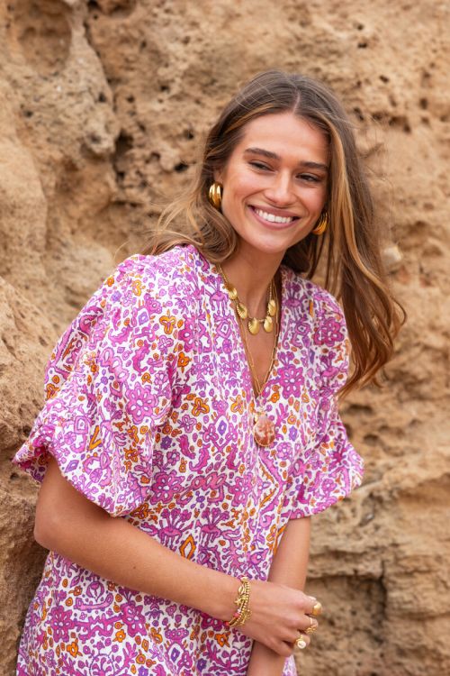 Pink dress with puff sleeves & bohemian print | My Jewellery