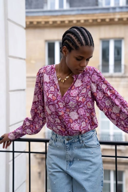 Purple blouse with pink floral print | My Jewellery
