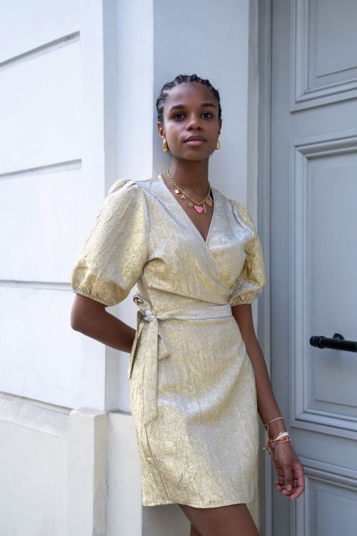 Gold wrap dress with puff sleeves | My Jewellery