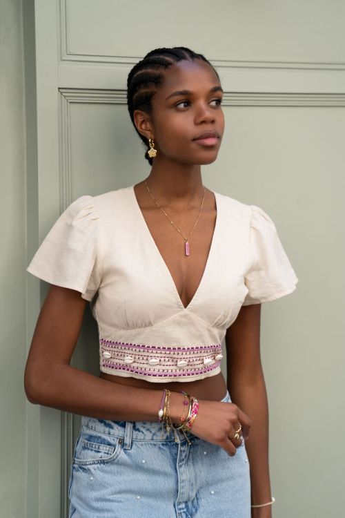 Beige linen look top with scallops  | My Jewellery