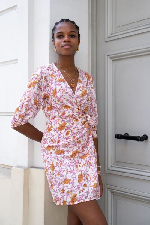 Hydrophilic pink wrap dress with floral print | My Jewellery