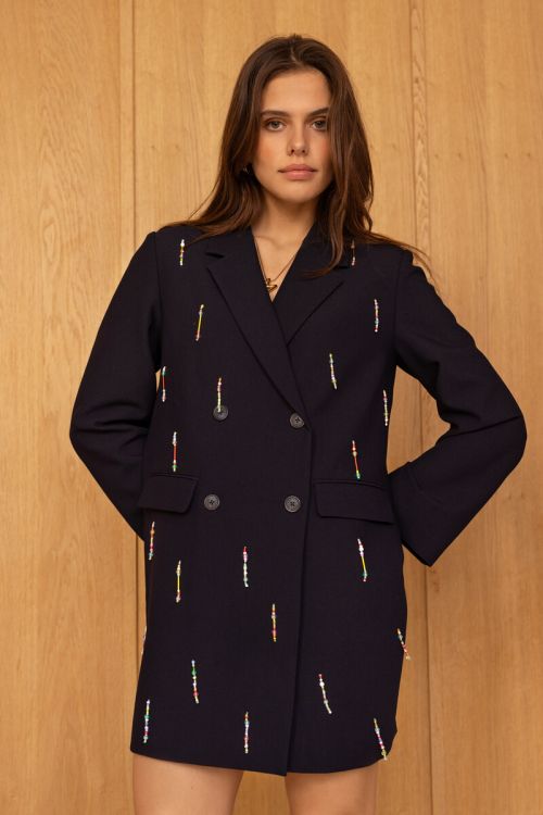 Dark blue blazer dress with multicoloured beaded fringes | My Jewellery