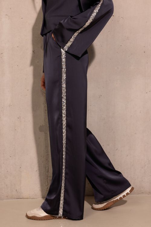Grey wide satin pants with sequin tapes