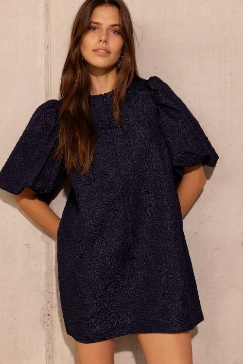 Dark blue jacquard dress with puff sleeves | My Jewellery