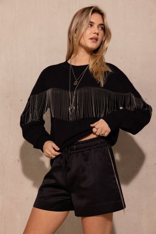 Black sweater with ballchain fringes | My Jewellery