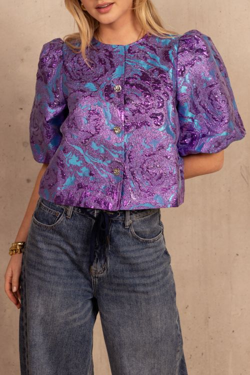 Purple jacquard top with short puff sleeves | My Jewellery