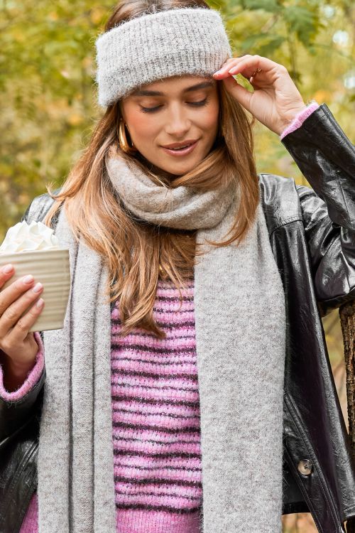 Taupe knit scarf with fringe | My Jewellery