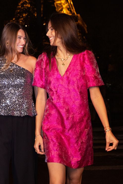 Pink dress with jacquard & puff sleeves | My Jewellery
