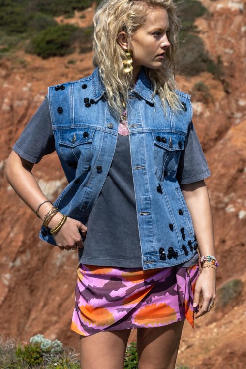 Blue denim vest with floral sequins | My Jewellery