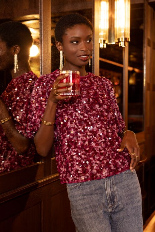 Purple top with puff sleeves and sequins | My Jewellery