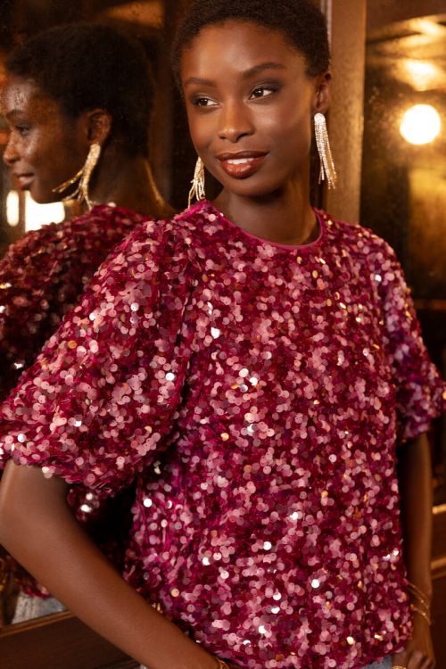 Purple top with puff sleeves and sequins | My Jewellery