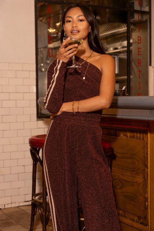 Brown lurex one-shoulder top with stripes | My Jewellery