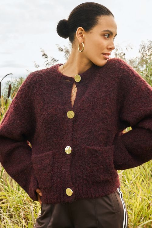 Brown bouclé cardigan with buttons and pockets | My Jewellery
