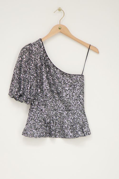 Silver one-shoulder top with puff sleeves | My Jewellery