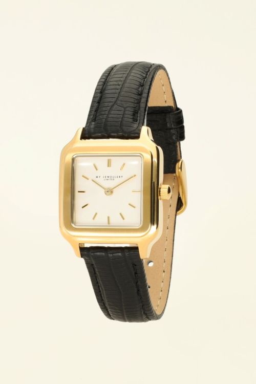Square watch with black leather strap | My Jewellery