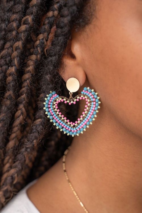 Statement earrings with multicolour beaded heart  | My Jewellery