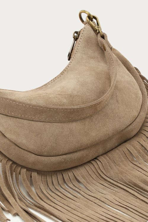 Taupe suede shoulder bag with fringes | My Jewellery