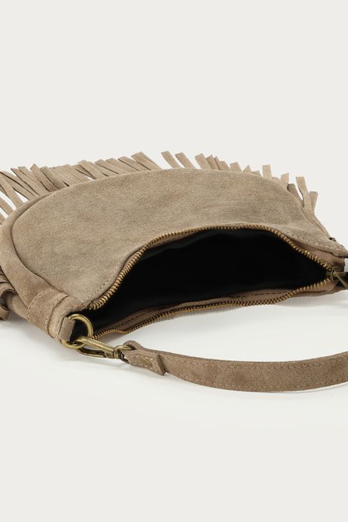 Taupe suede shoulder bag with fringes | My Jewellery