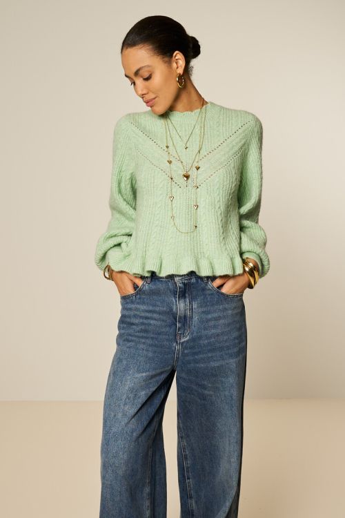 Turquoise cable sweater with scalloped edge | My Jewellery