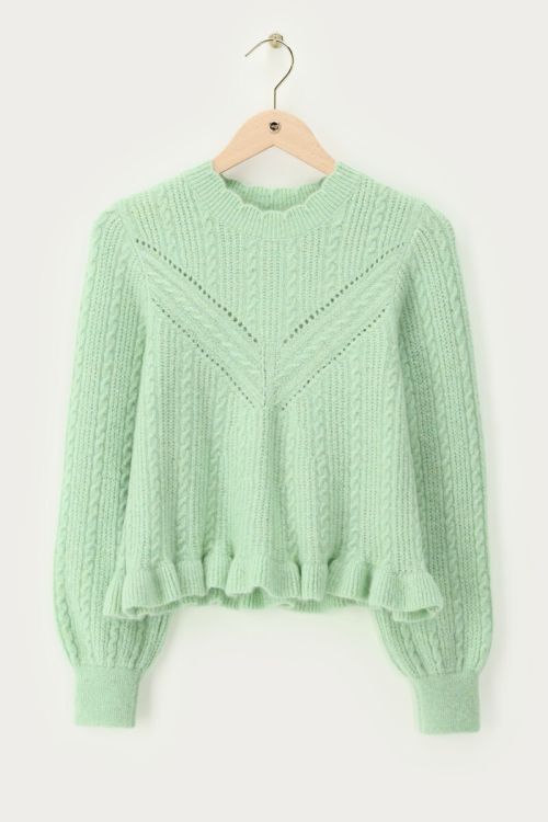 Turquoise cable sweater with scalloped edge | My Jewellery