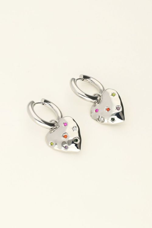 Universe hoop earrings with heart charm and multicoloured rhinestones | My Jewellery