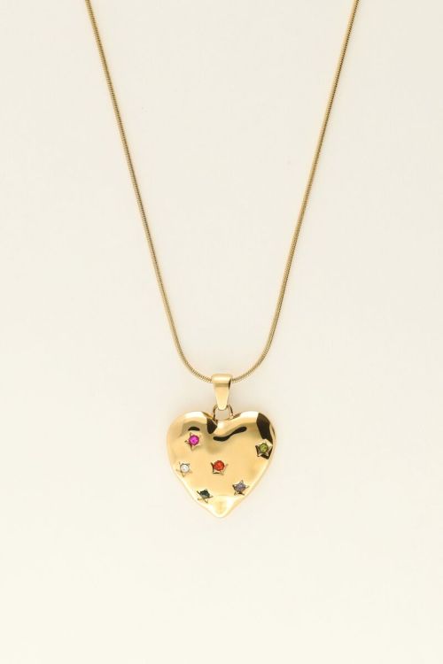 Universe necklace with heart charm and multicoloured rhinestones